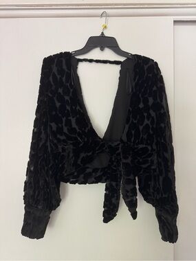 Bardot Black Velvet Tie-Front Blouse with Puff Sleeves
